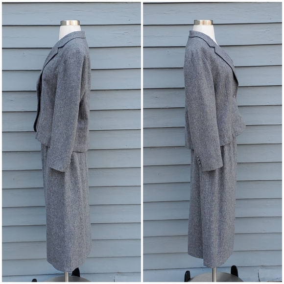 Vintage 80s Retro Preppy Acadamia Gray Wool Blend Blazer Skirt Suit Set Sm/Md - Picture 3 of 6
